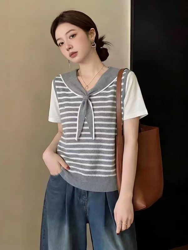海軍領條紋針織正肩短袖T恤女2026夏新款大碼胖mm慵懶風減齡上衣