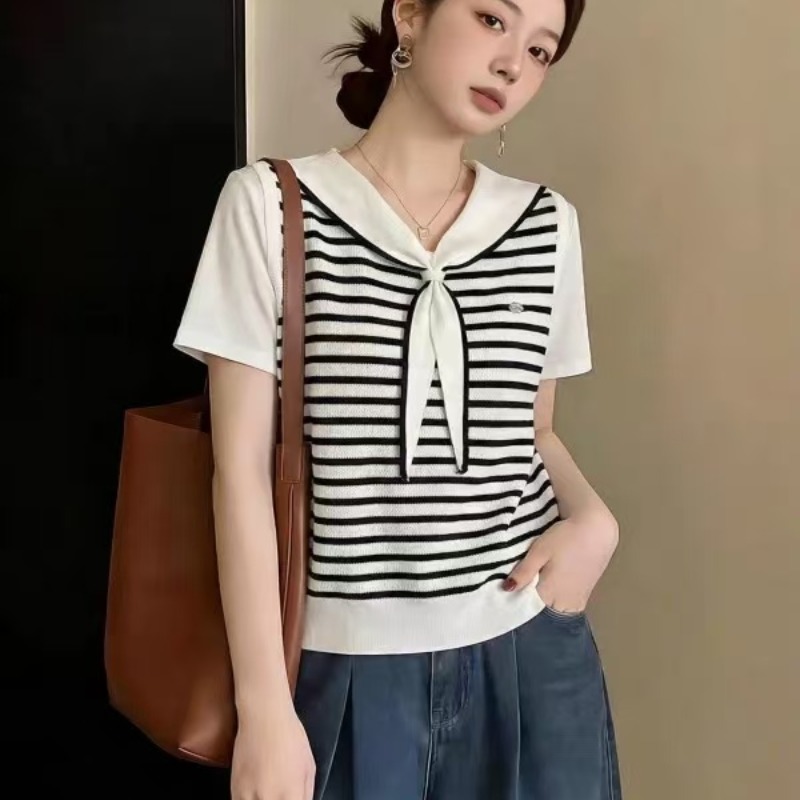 海軍領條紋針織正肩短袖T恤女2026夏新款大碼胖mm慵懶風減齡上衣