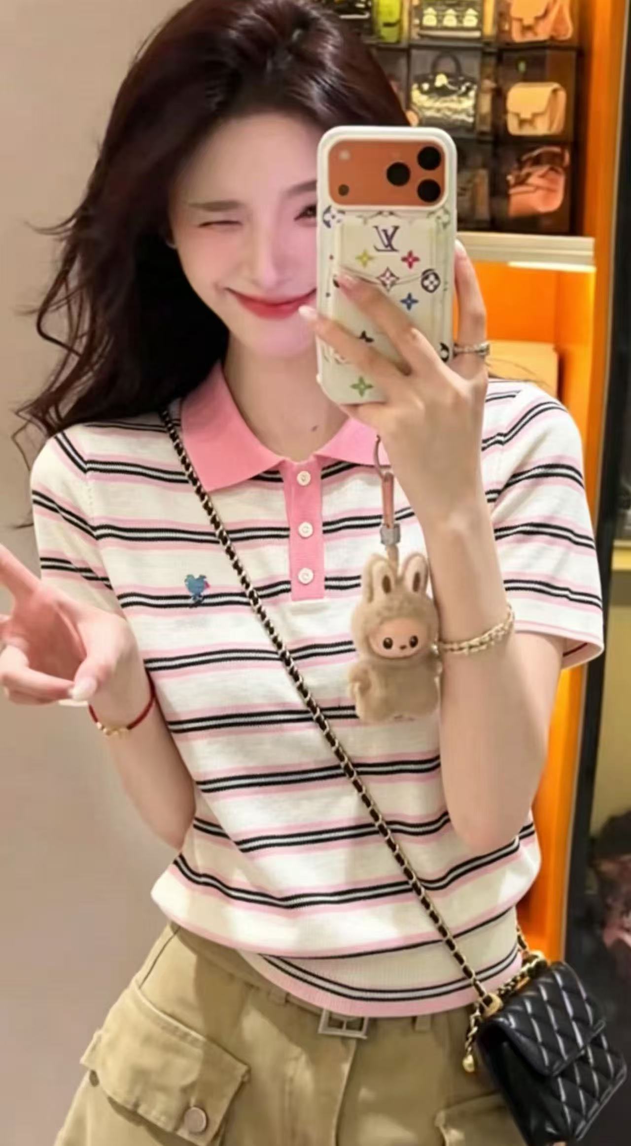 藍白撞色條紋翻領刺繡短袖針織衫女夏季寬松透氣顯瘦百搭顯瘦上衣