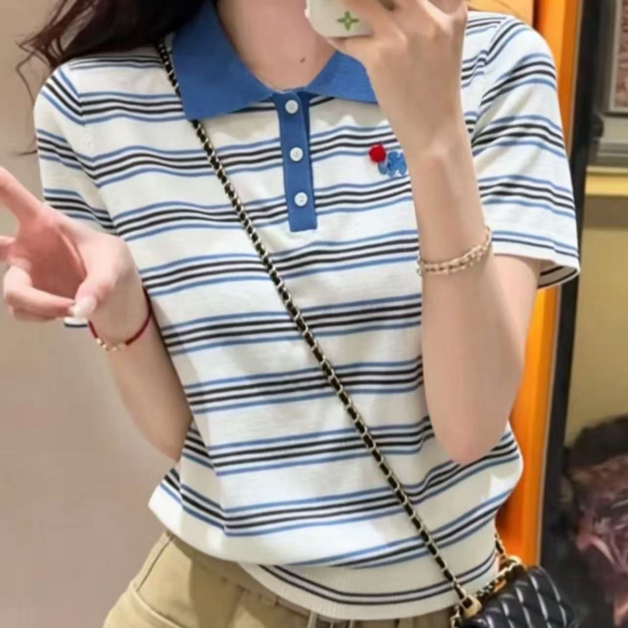 藍白撞色條紋翻領刺繡短袖針織衫女夏季寬松透氣顯瘦百搭顯瘦上衣