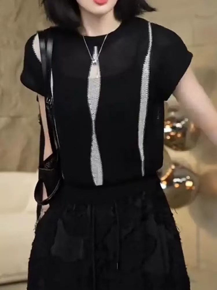 黑色氣質百搭短袖T恤2026夏季新款女士輕薄透氣圓領顯瘦針織上衣