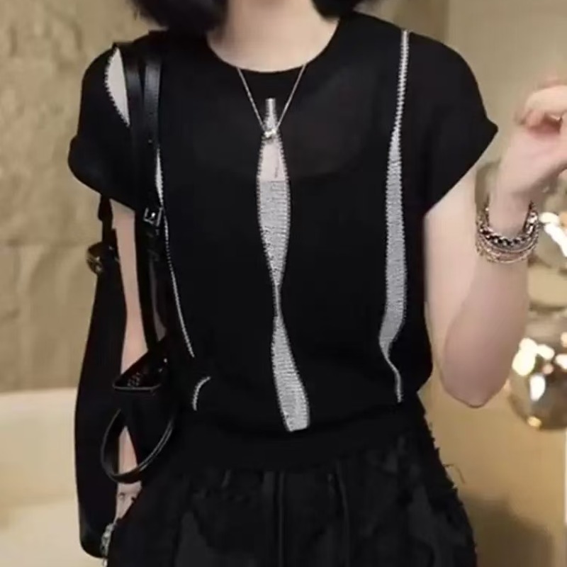 黑色氣質百搭短袖T恤2026夏季新款女士輕薄透氣圓領顯瘦針織上衣