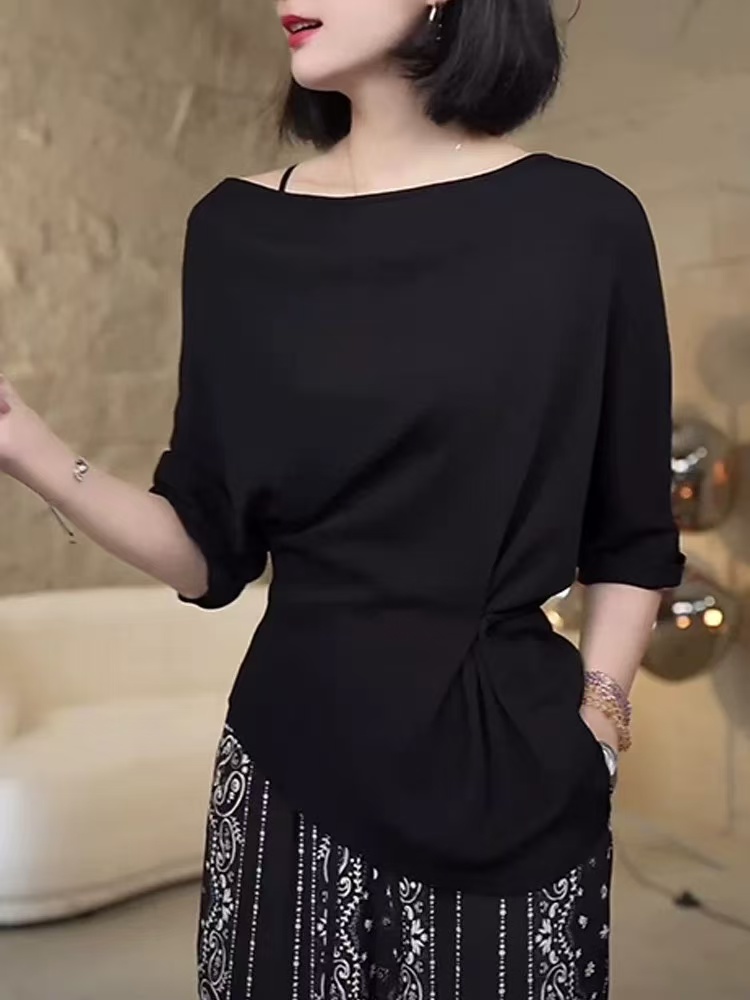 輕奢百搭冰絲圓領短袖T恤女2026裝夏新款時尚洋氣設計感黑色上衣