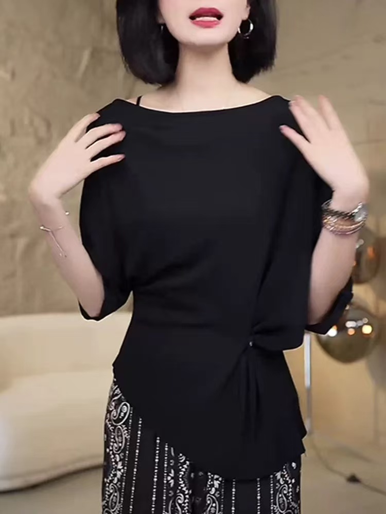 輕奢百搭冰絲圓領短袖T恤女2026裝夏新款時尚洋氣設計感黑色上衣