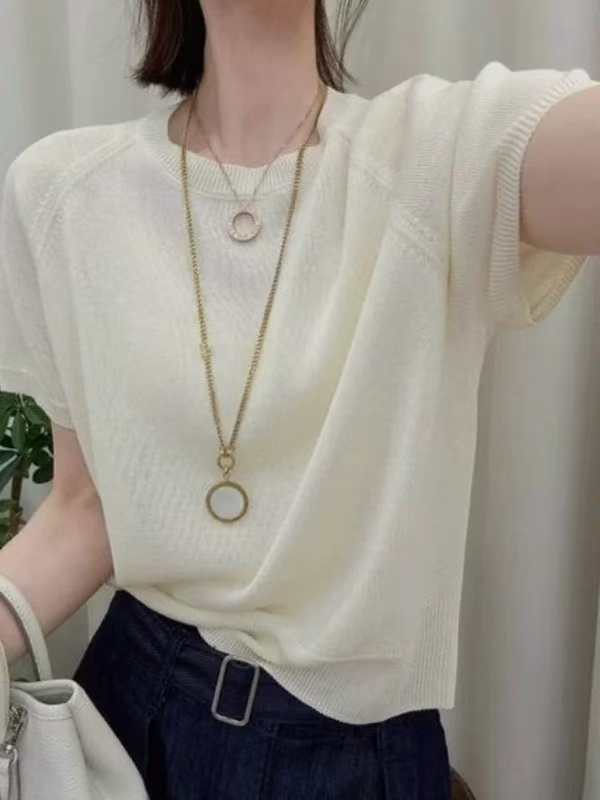 氣質純色圓領短袖薄款針織衫女夏季時尚百搭寬松顯瘦簡約套頭上衣