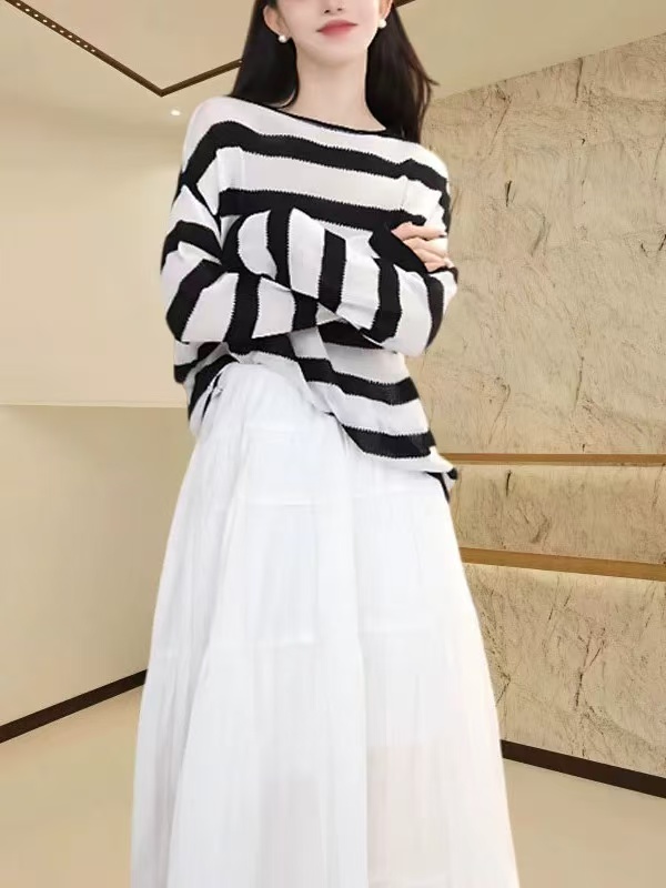 超薄款防曬上衣女士黑白條紋長袖t恤夏季清涼透氣寬松顯瘦針織衫
