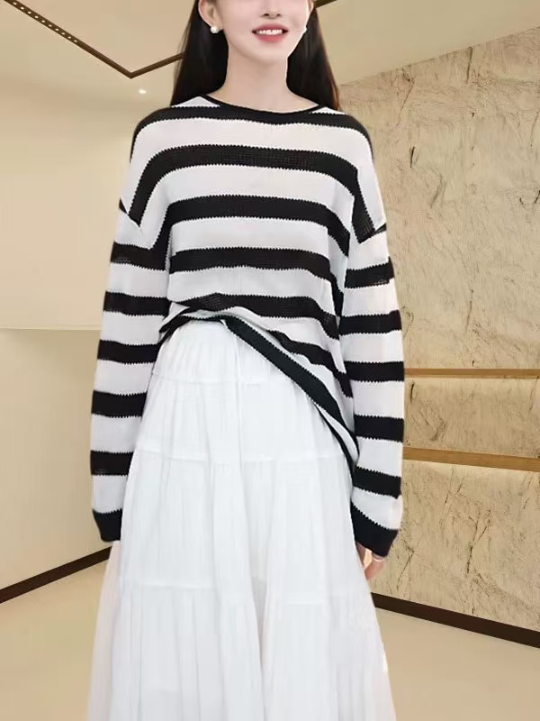 超薄款防曬上衣女士黑白條紋長袖t恤夏季清涼透氣寬松顯瘦針織衫