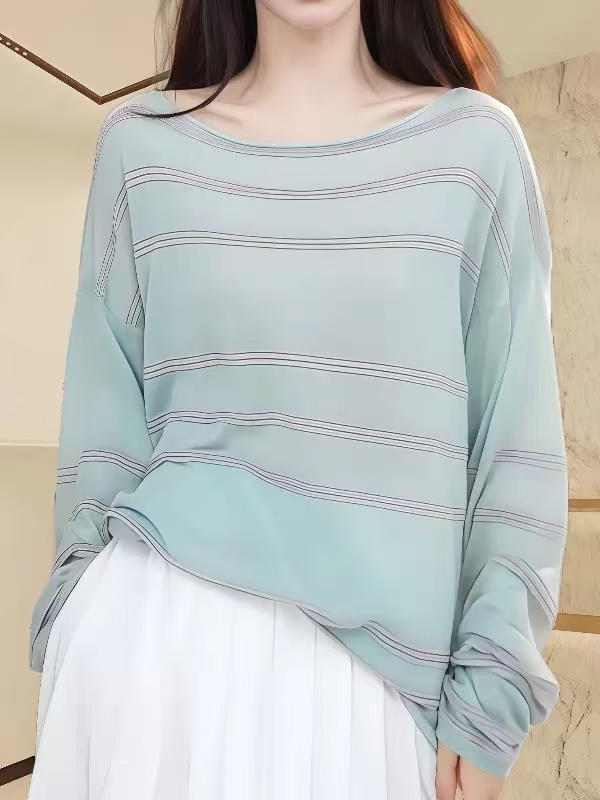松弛感休閑條紋長袖T恤女夏季新款時尚寬松防曬罩衫洋氣減齡上衣