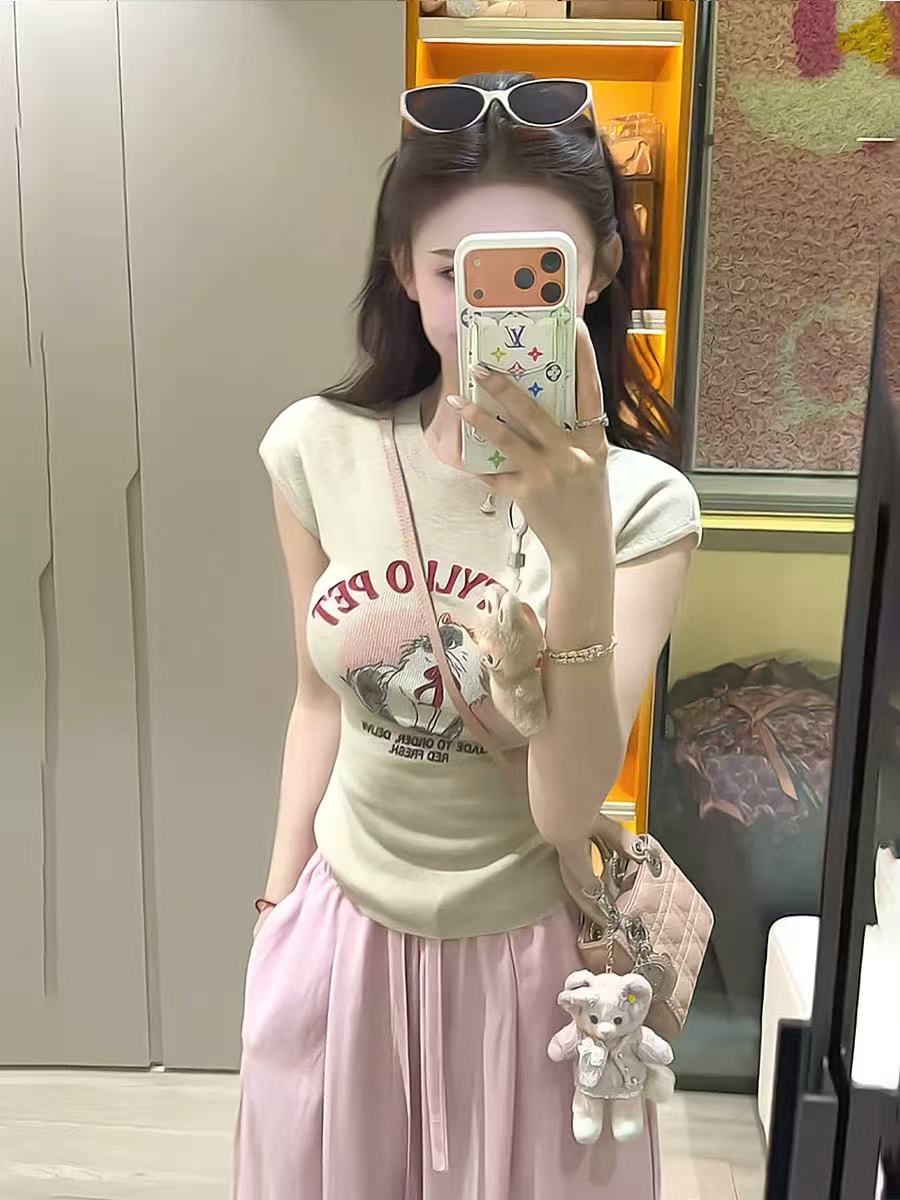 多色甜美趣味印花修身針織短袖T恤女夏季修身顯瘦辣妹風短款上衣