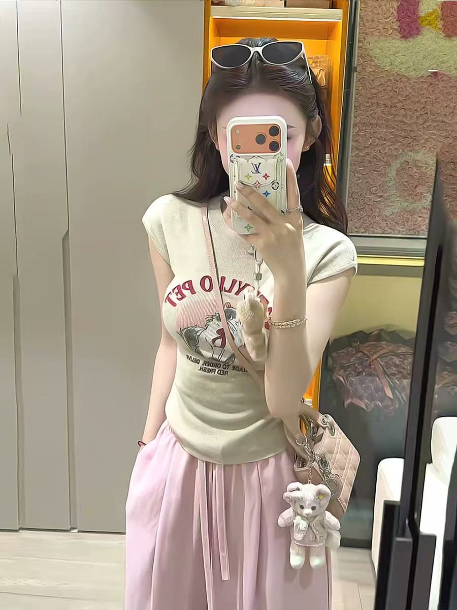 多色甜美趣味印花修身針織短袖T恤女夏季修身顯瘦辣妹風短款上衣