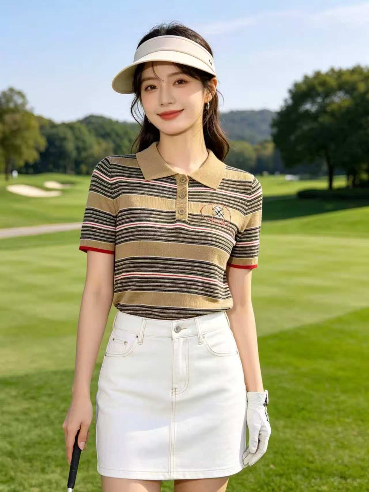 昨日浪漫 條紋Polo領短袖針織衫女夏季修身顯瘦高級感t恤薄款上衣