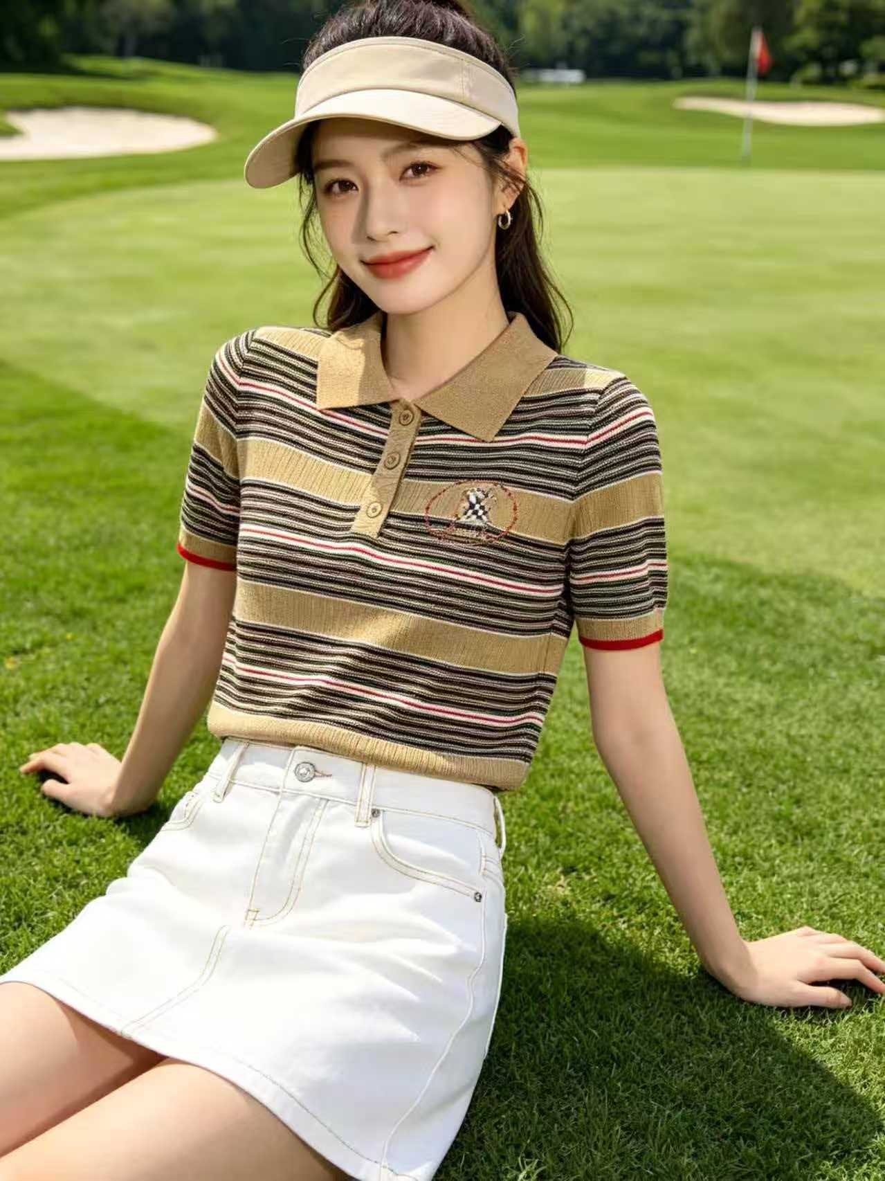 昨日浪漫 條紋Polo領短袖針織衫女夏季修身顯瘦高級感t恤薄款上衣
