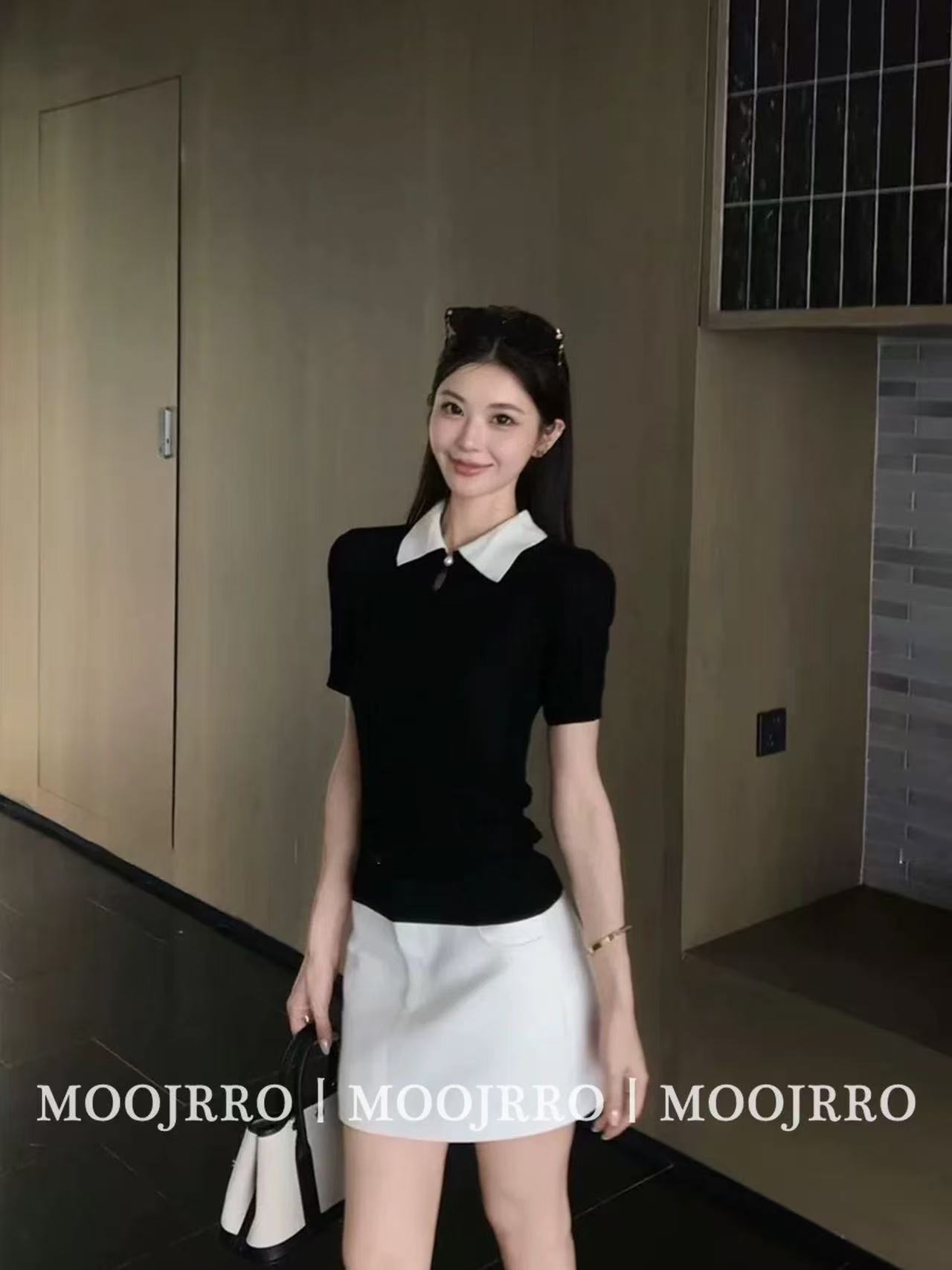 黑色翻領短袖T恤女夏法式高級感辣妹修身顯瘦小個子短款針織上衣