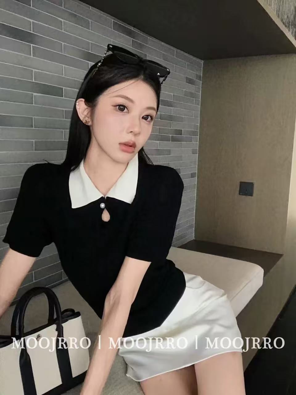 黑色翻領短袖T恤女夏法式高級感辣妹修身顯瘦小個子短款針織上衣