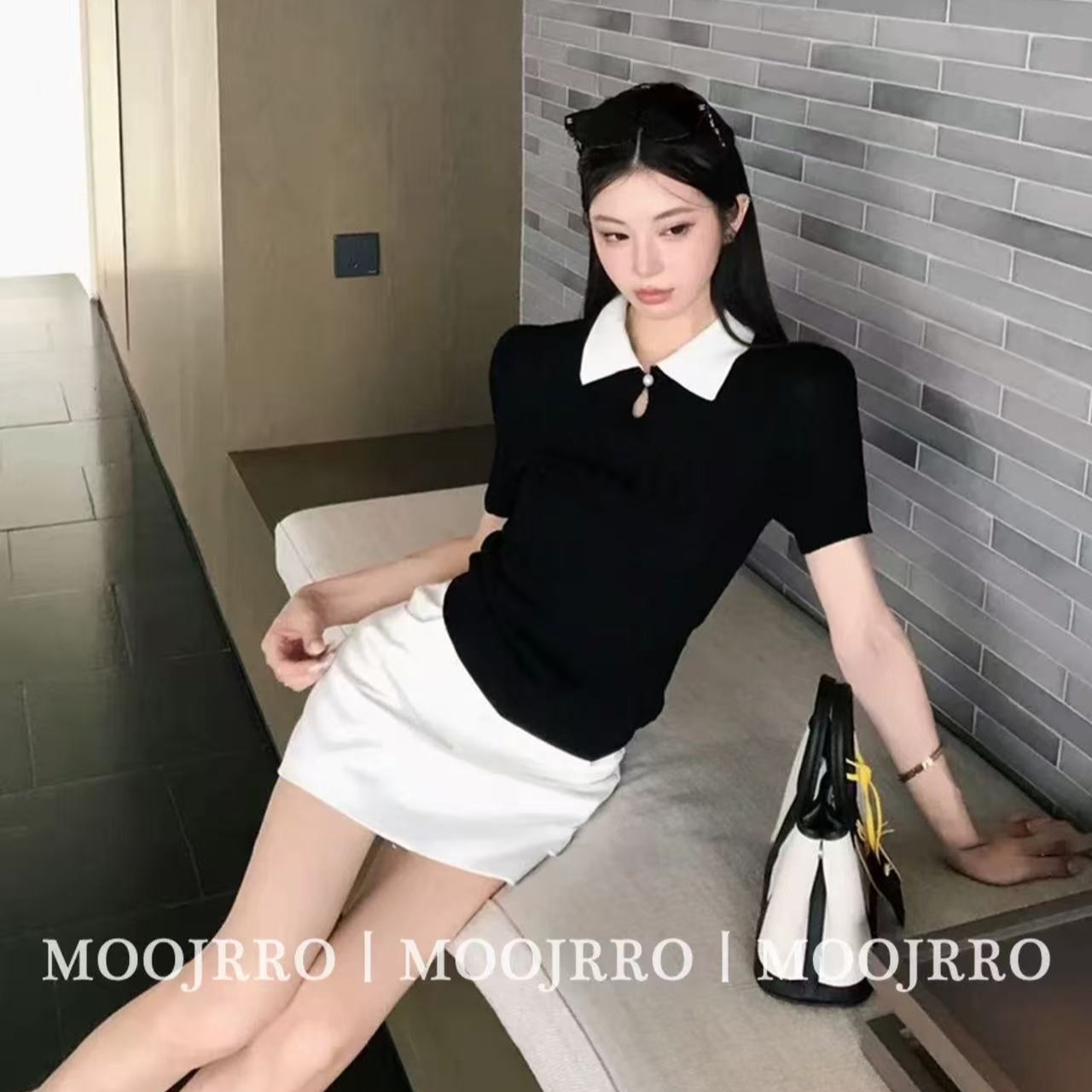 黑色翻領短袖T恤女夏法式高級感辣妹修身顯瘦小個子短款針織上衣