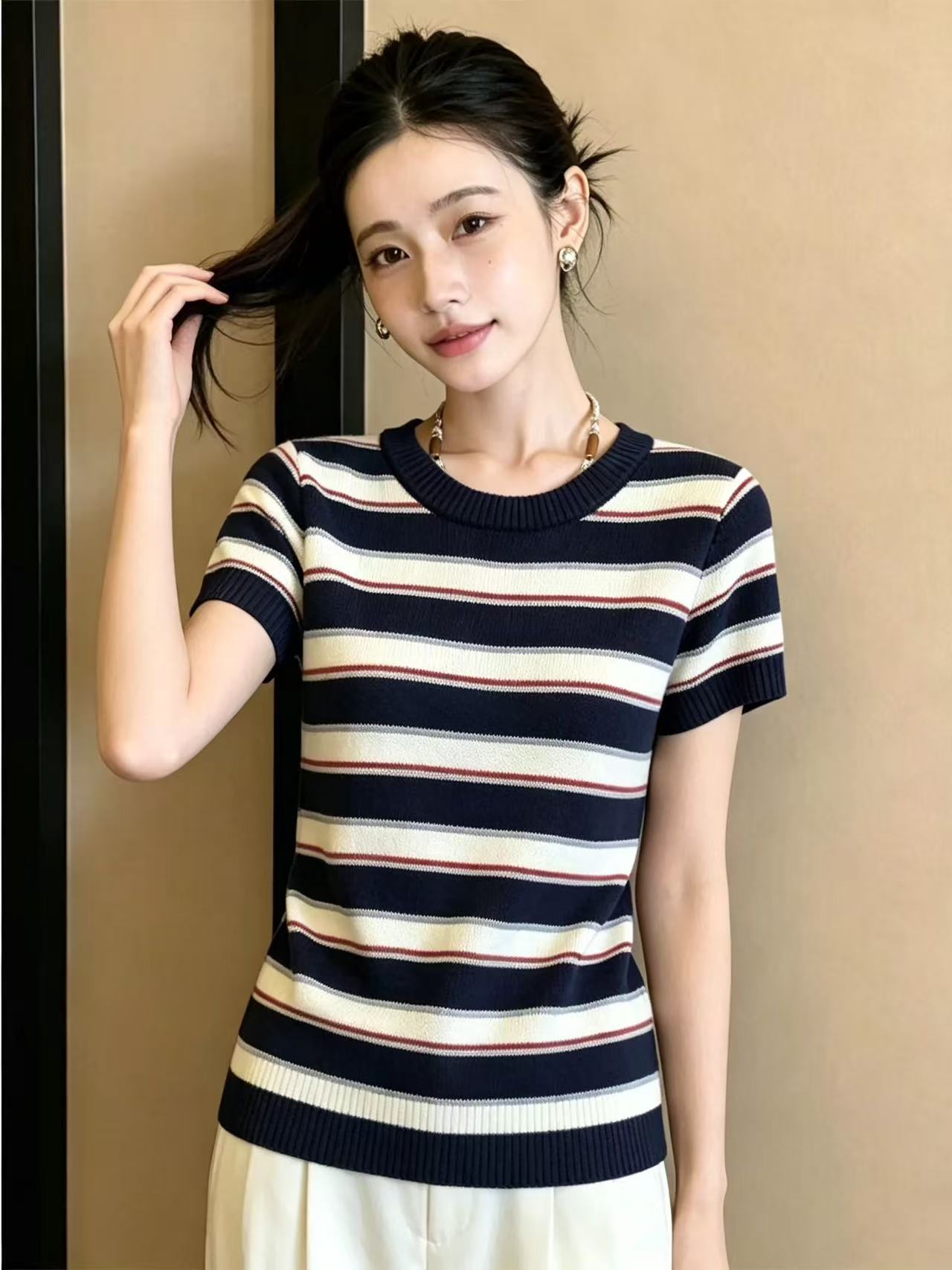 漂亮出片條紋針織衫圓領短袖T恤女裝2026夏季寬松遮肚子顯瘦上衣