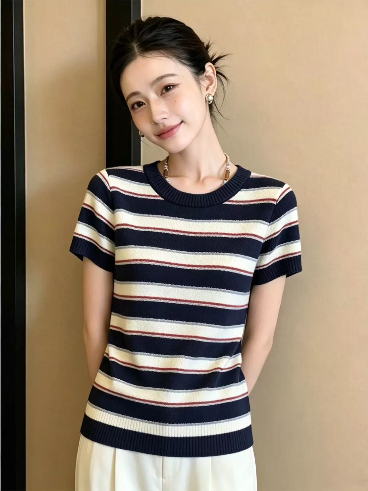 漂亮出片條紋針織衫圓領短袖T恤女裝2026夏季寬松遮肚子顯瘦上衣