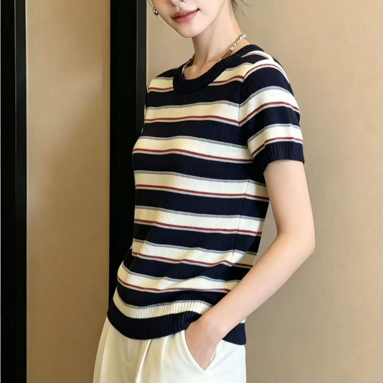 漂亮出片條紋針織衫圓領短袖T恤女裝2026夏季寬松遮肚子顯瘦上衣