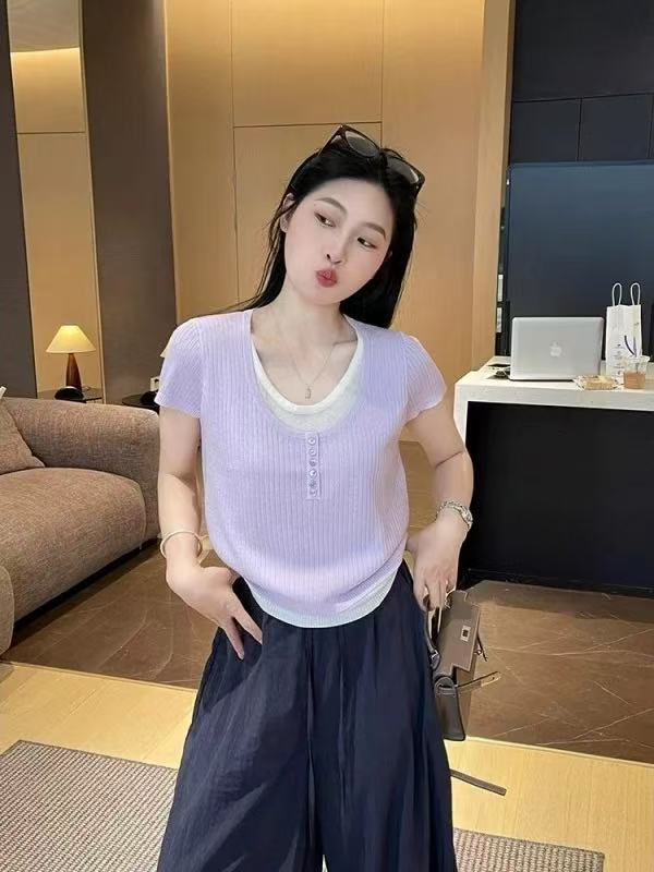 歐貨小眾設計黃色假兩件冰絲針織短袖T恤衫女夏季高級感短款上衣