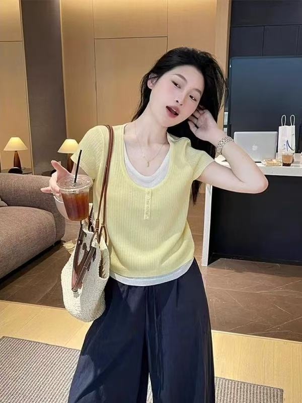 歐貨小眾設計黃色假兩件冰絲針織短袖T恤衫女夏季高級感短款上衣