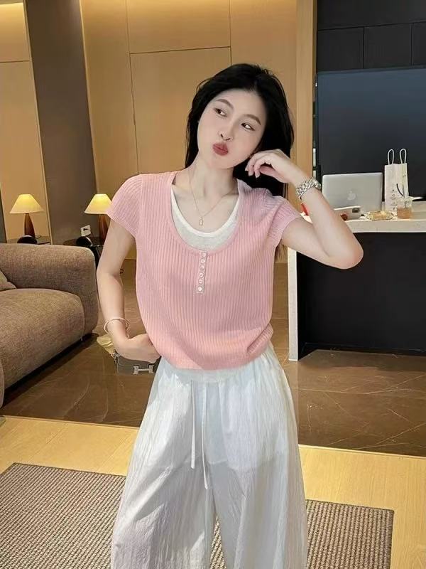 歐貨小眾設計黃色假兩件冰絲針織短袖T恤衫女夏季高級感短款上衣