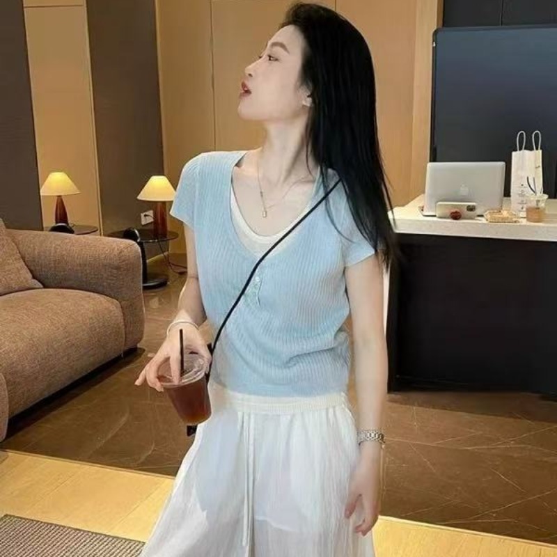 歐貨小眾設計黃色假兩件冰絲針織短袖T恤衫女夏季高級感短款上衣