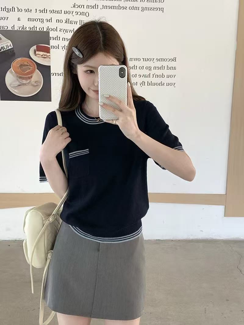 韓系簡約撞色圓領設計感針織T恤女夏季休閑百搭顯瘦短袖內搭上衣