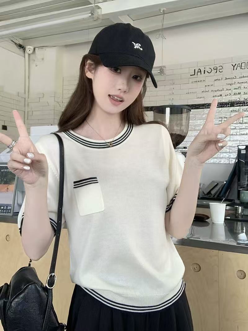 韓系簡約撞色圓領設計感針織T恤女夏季休閑百搭顯瘦短袖內搭上衣