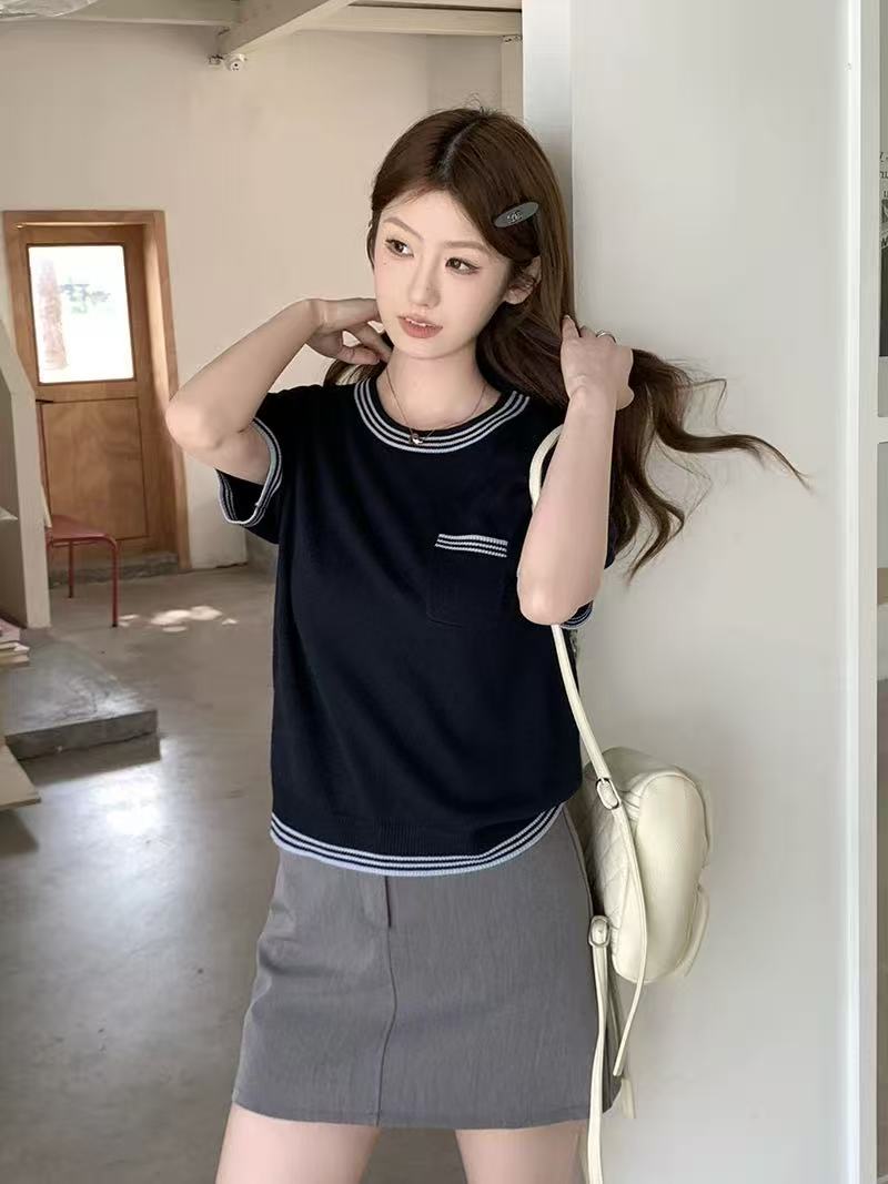 韓系簡約撞色圓領設計感針織T恤女夏季休閑百搭顯瘦短袖內搭上衣