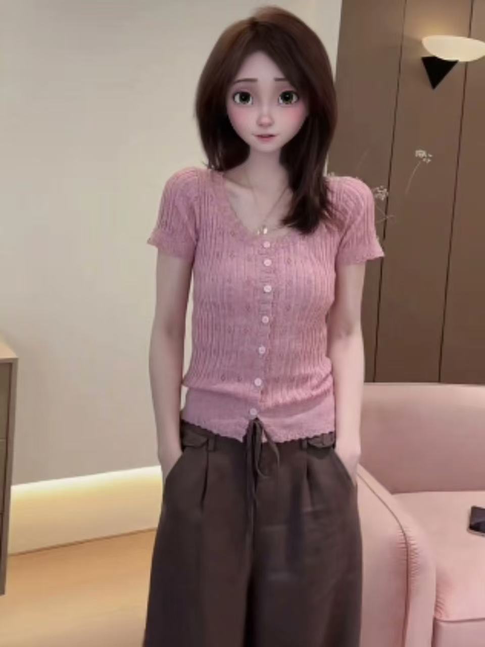 法式甜美風粉色短袖針織衫女2026年夏季超好看花邊紐扣設計感上衣