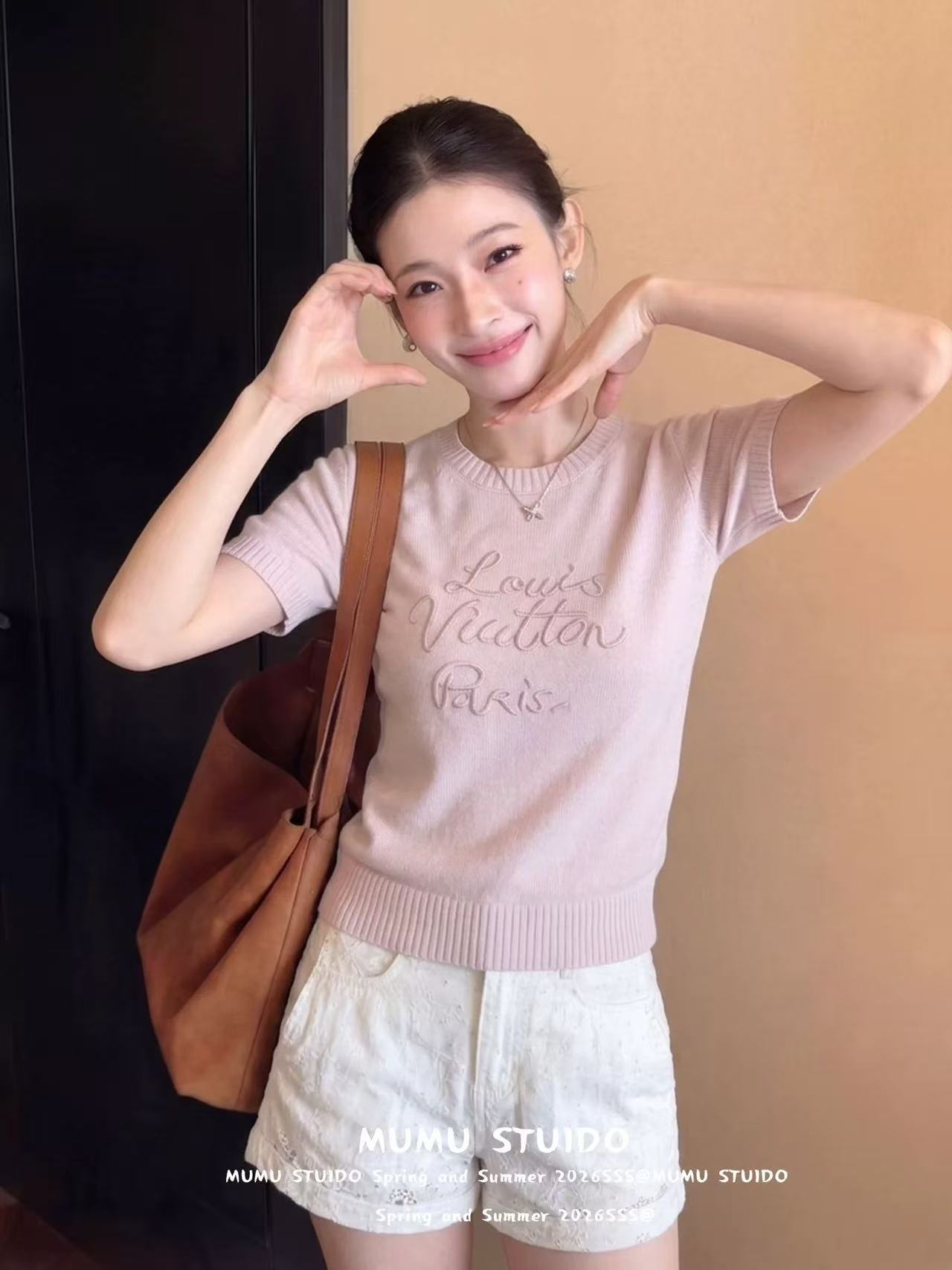 法式正肩字母刺繡針織短袖t恤女夏季chic風小個子絕美顯瘦小上衣