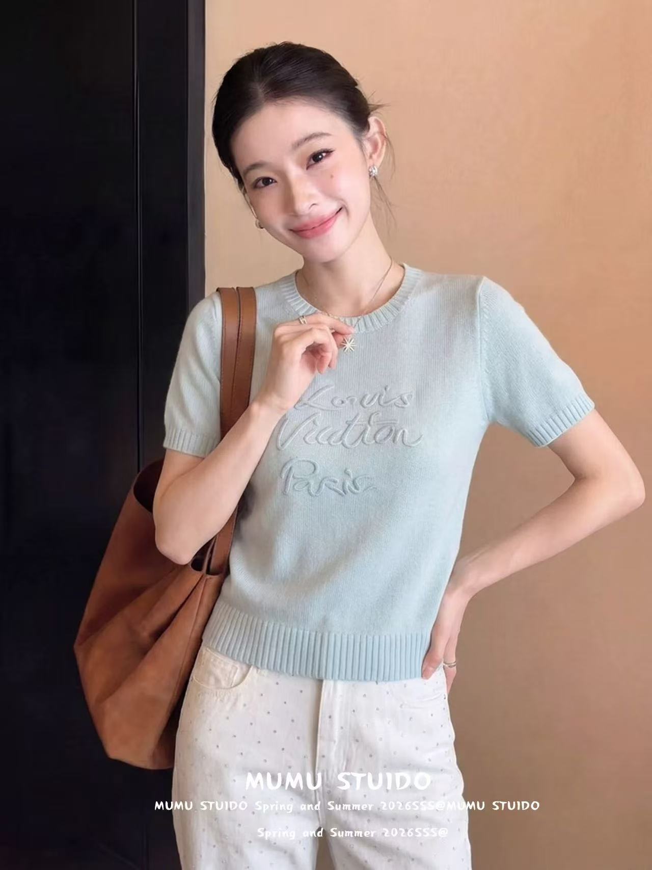 法式正肩字母刺繡針織短袖t恤女夏季chic風小個子絕美顯瘦小上衣
