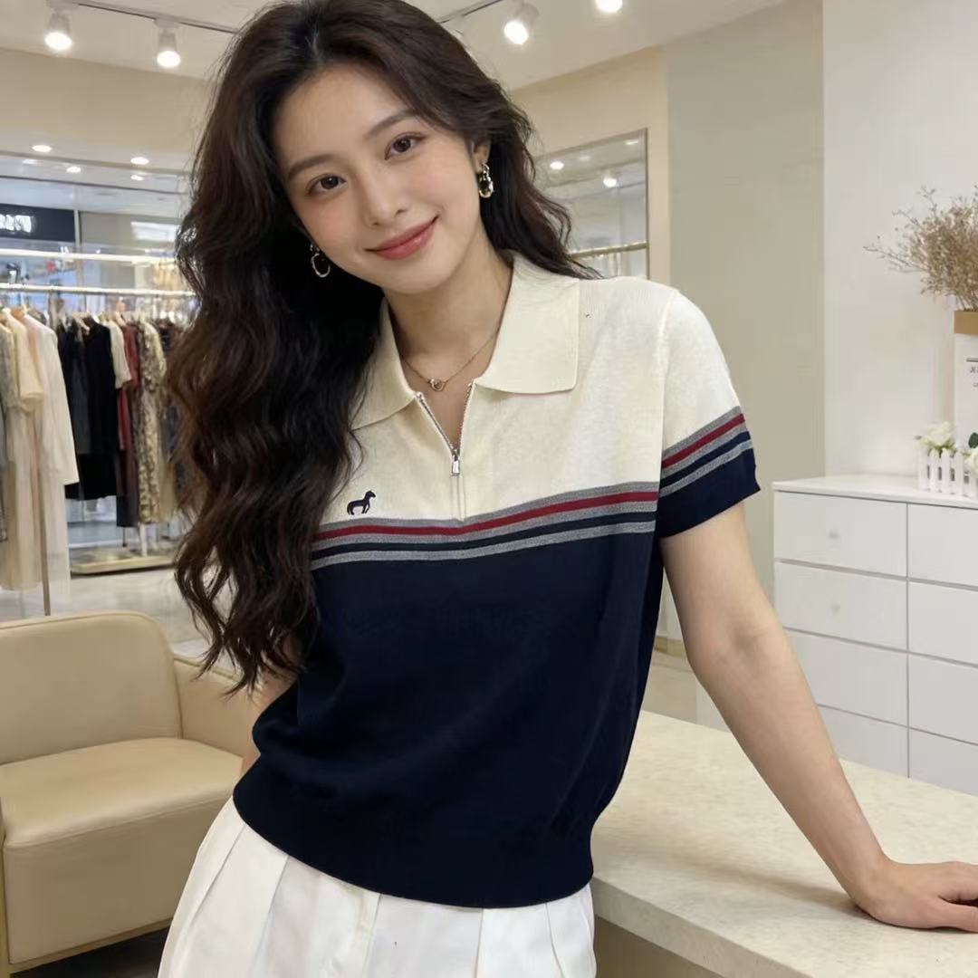半拉鏈翻領針織衫短袖女2026夏季寬松百搭顯瘦減齡洋氣休閑上衣潮