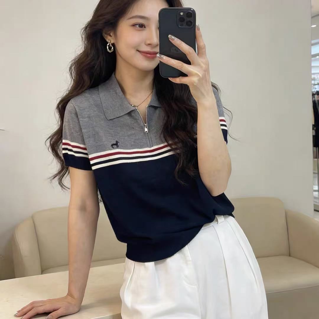 半拉鏈翻領針織衫短袖女2026夏季寬松百搭顯瘦減齡洋氣休閑上衣潮