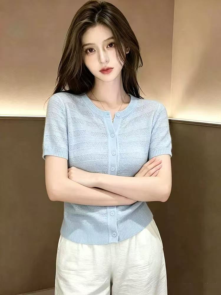 休閑風藍色圓領短款針織開衫女2026夏季新款小個子外穿別致上衣潮