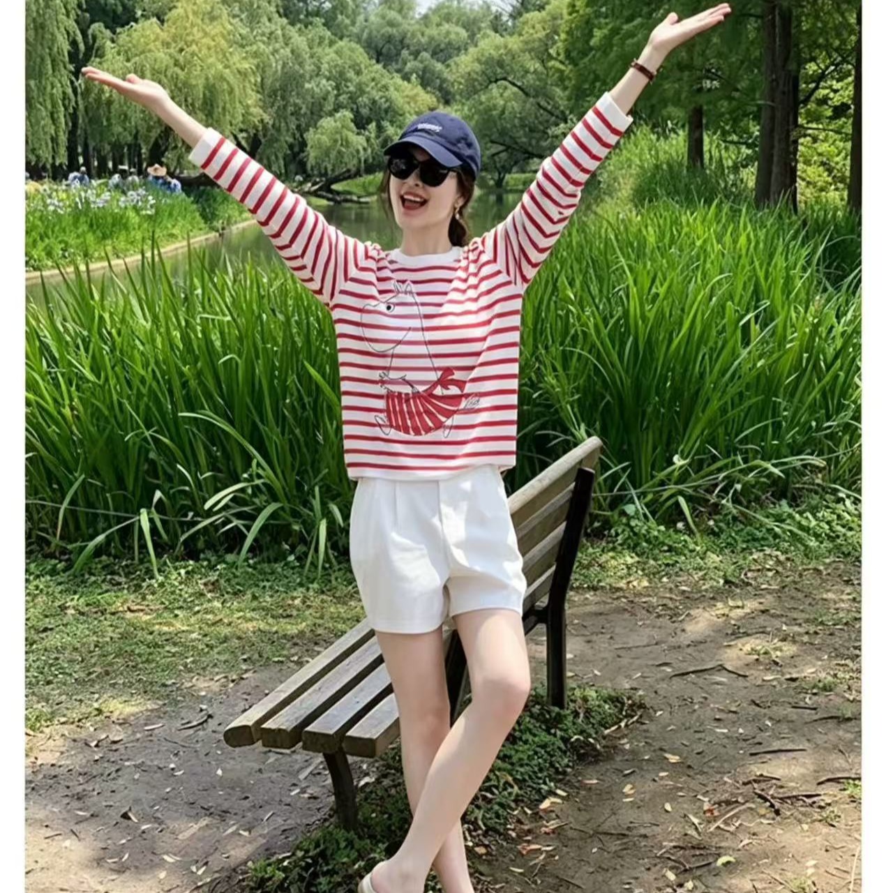 紅色條紋卡通印花長袖防曬t恤女夏季空調罩衫寬松休閑百搭薄上衣