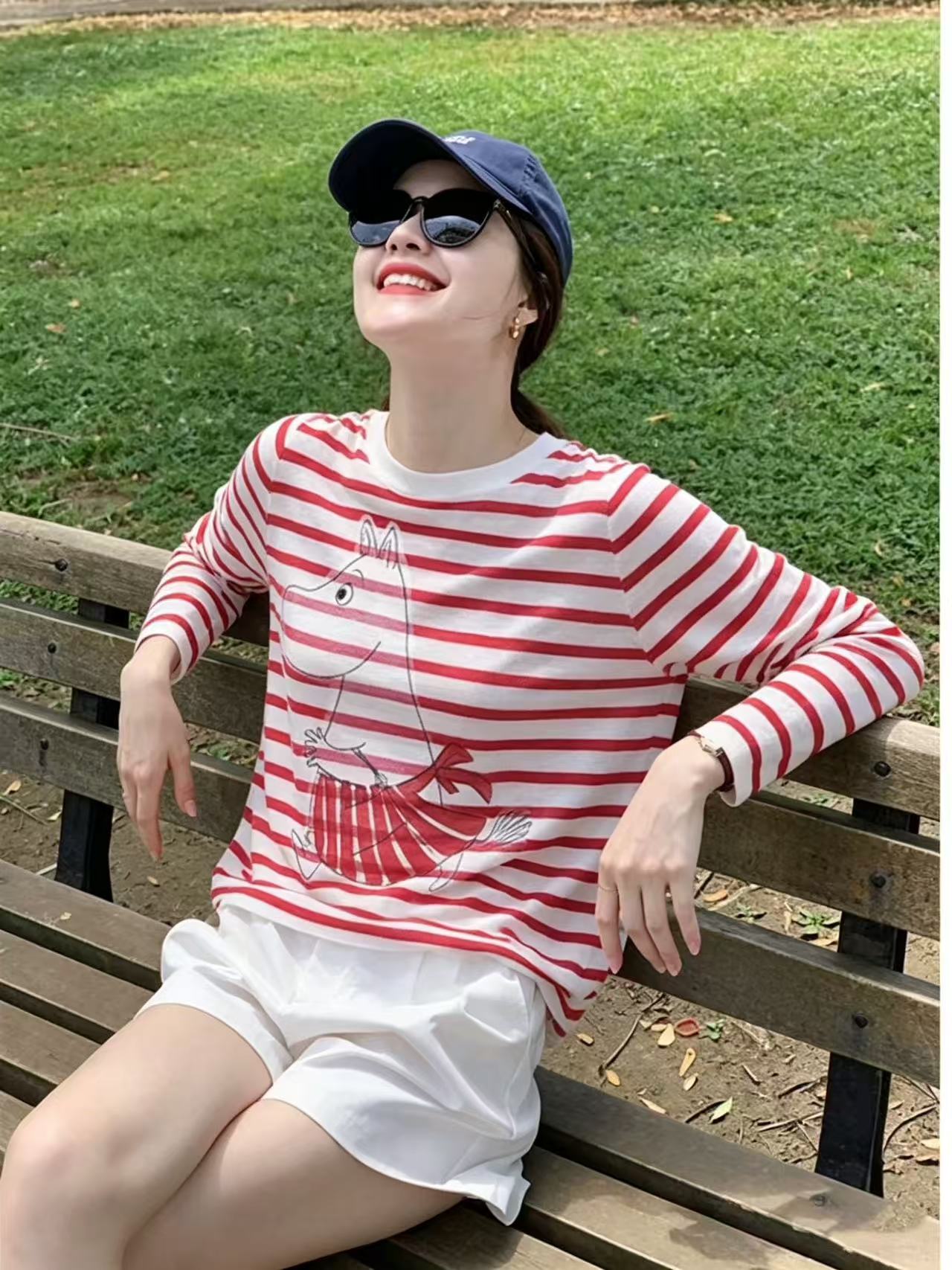 紅色條紋卡通印花長袖防曬t恤女夏季空調罩衫寬松休閑百搭薄上衣