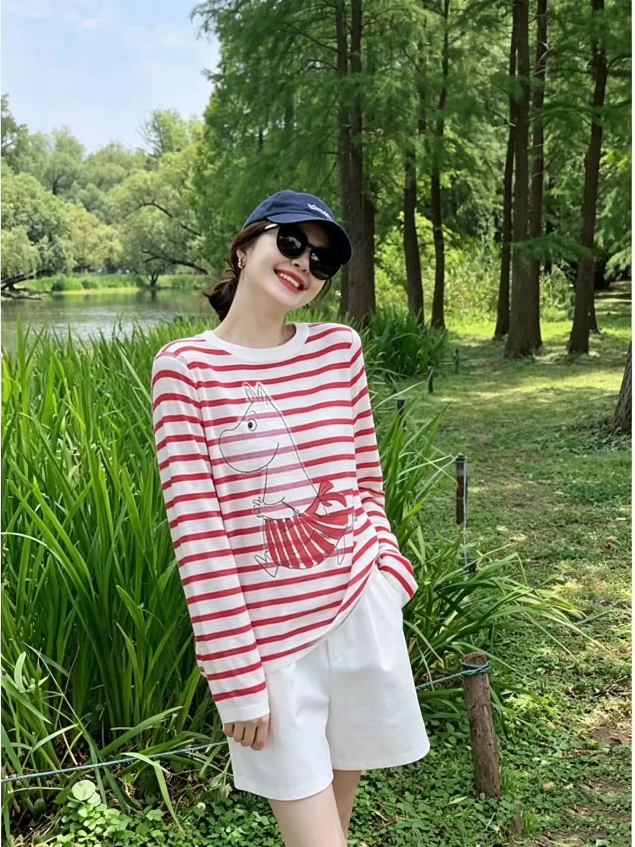 紅色條紋卡通印花長袖防曬t恤女夏季空調罩衫寬松休閑百搭薄上衣