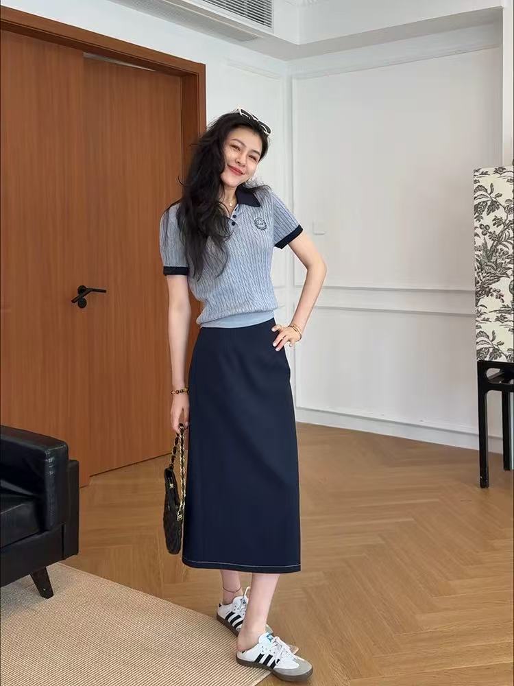 張阿星夏之物語撞色polo減齡學院刺繡針織上衣