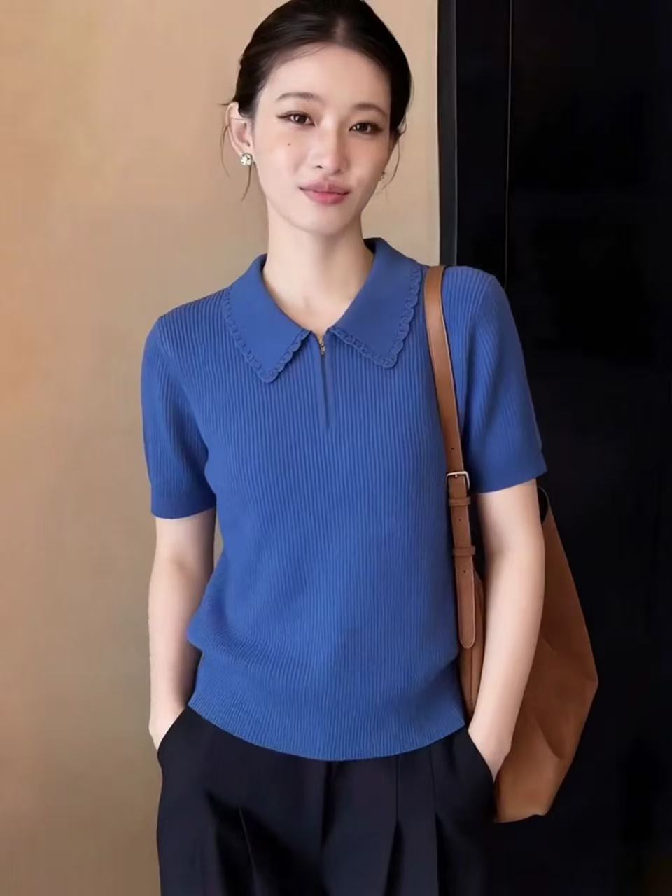 藍色溫柔風精致花邊翻領針織T恤女2026夏季新款半拉鏈大碼上衣