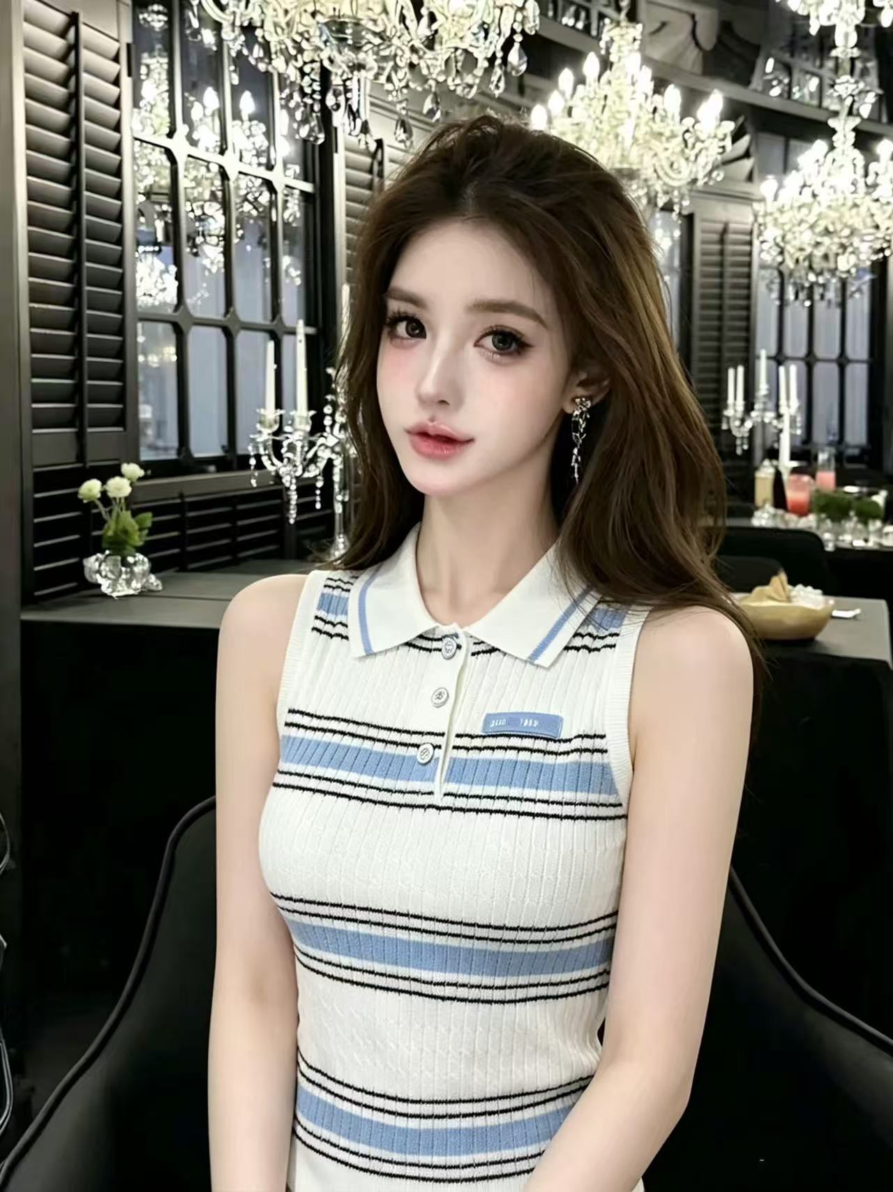 LIHEYU 韓系小香風撞色條紋翻領馬甲T恤女夏季單排扣百搭針織背心