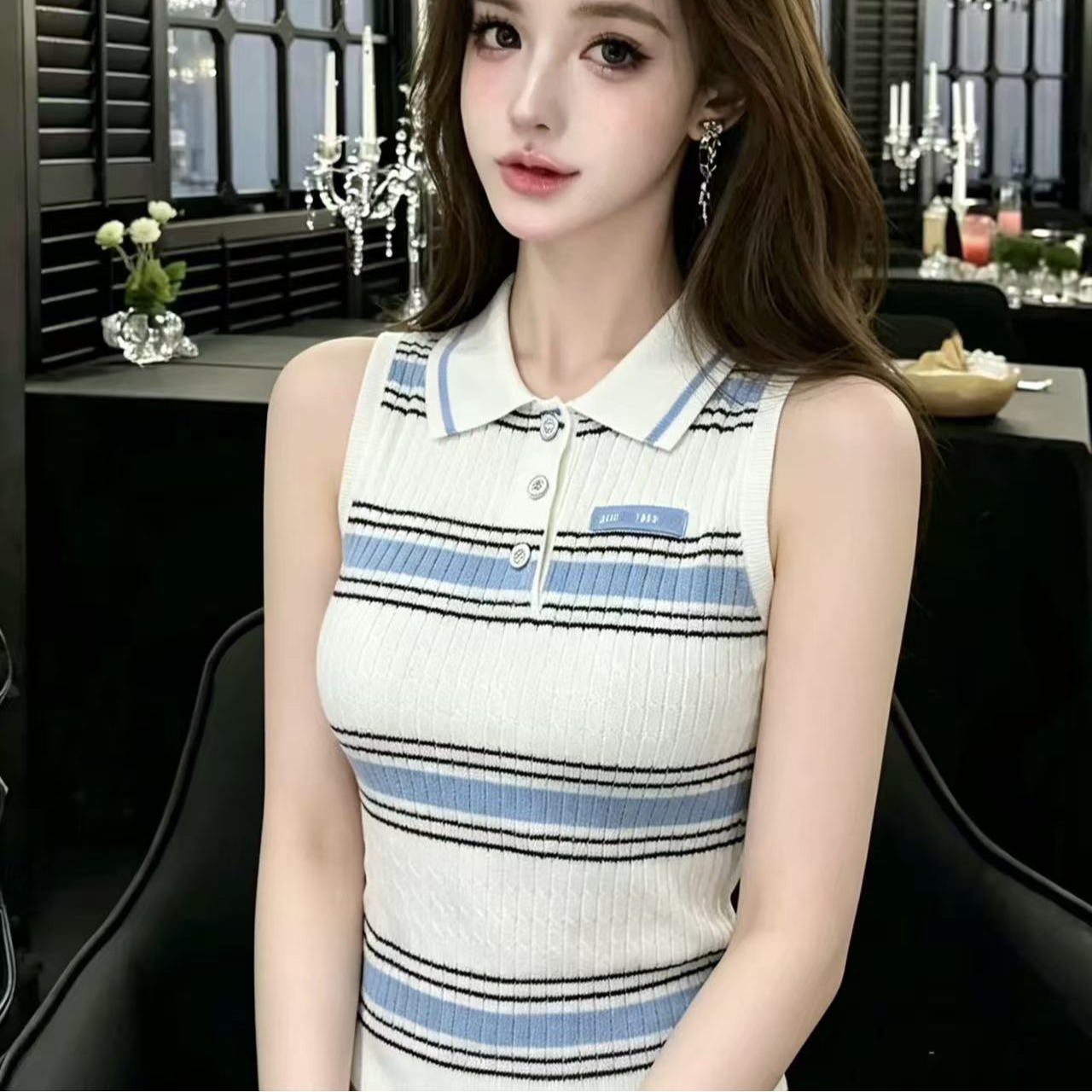 LIHEYU 韓系小香風撞色條紋翻領馬甲T恤女夏季單排扣百搭針織背心