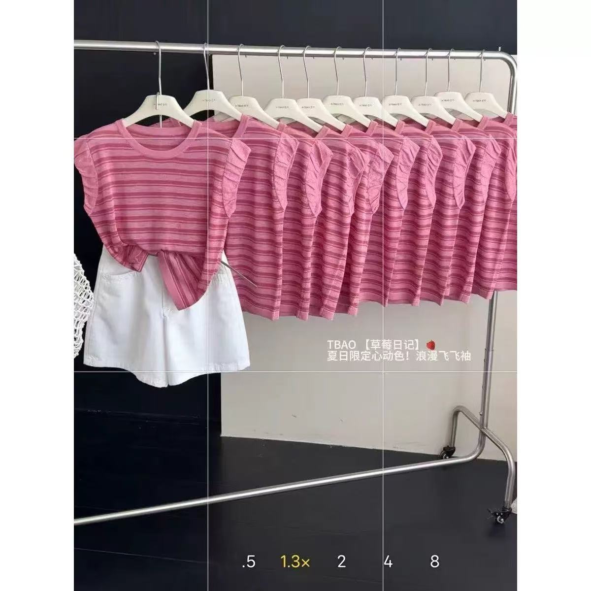 歐貨夏季新品時尚無袖花邊圓領粉色條紋冰絲亞麻針織衫女洋氣上衣
