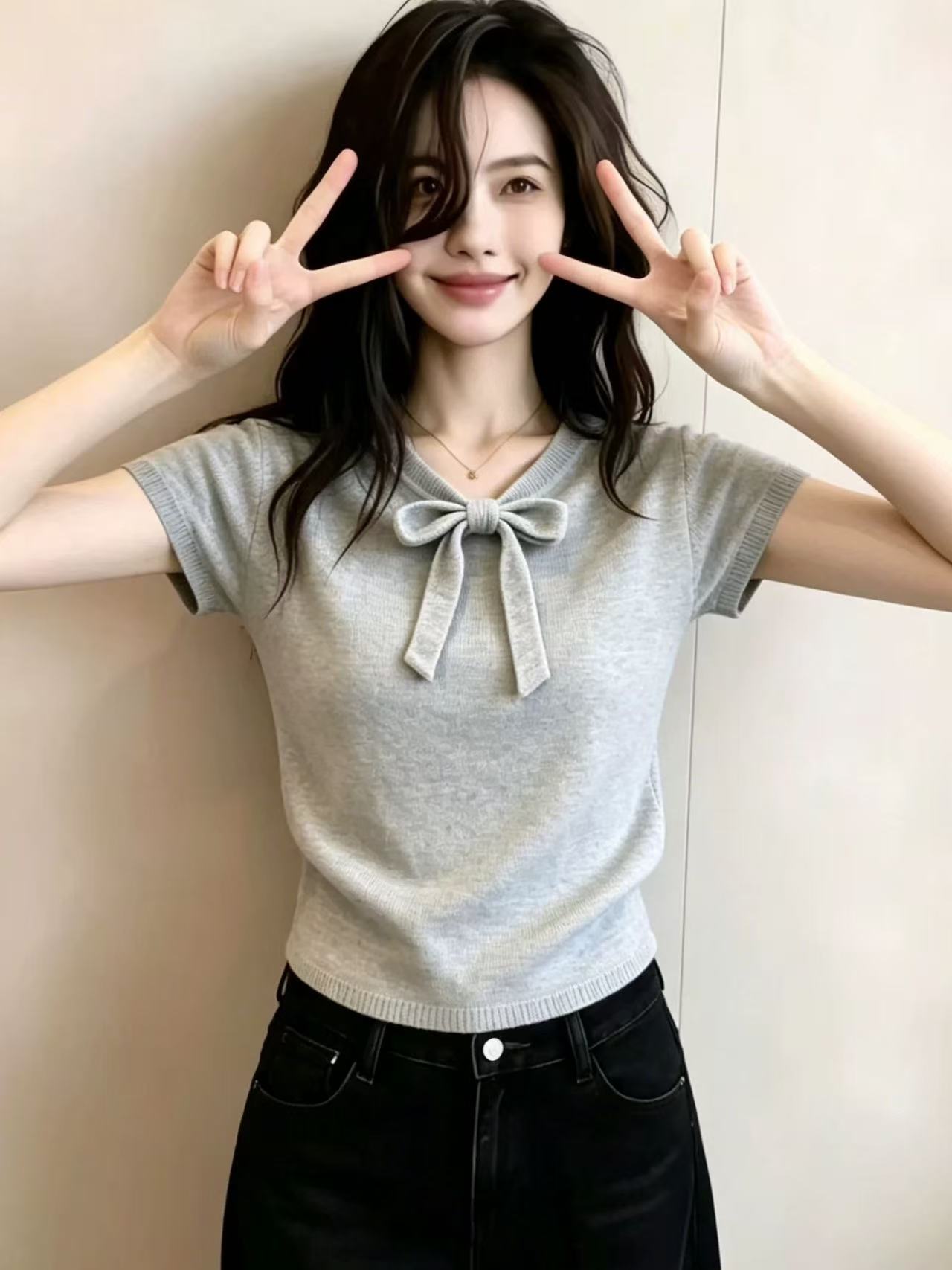 韓系穿搭蝴蝶結V領針織短袖女夏2026新款獨特漂亮薄款針織衫上衣