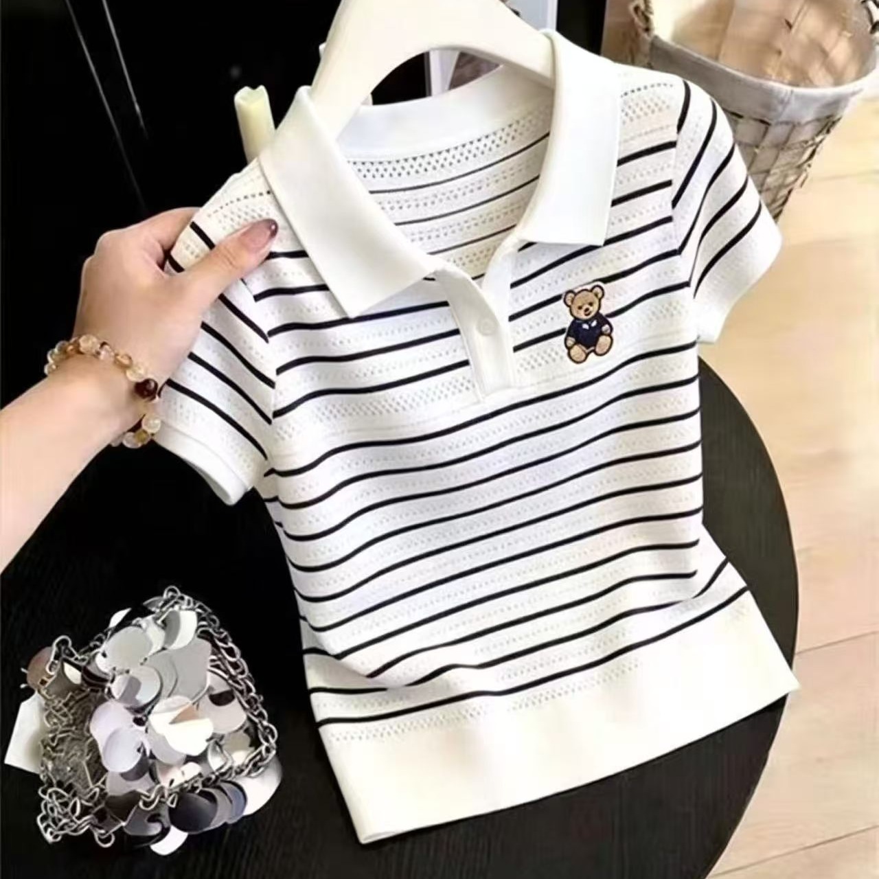 廣州十三行女裝爆款韓系條紋小熊刺繡短袖T恤女夏季冰絲針織上衣