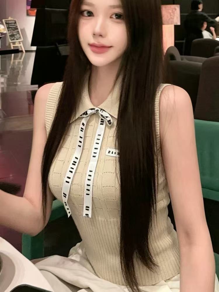 G1 STUDIOS學院風米杏色Polo領背心女夏純欲減齡系帶顯瘦無袖上衣