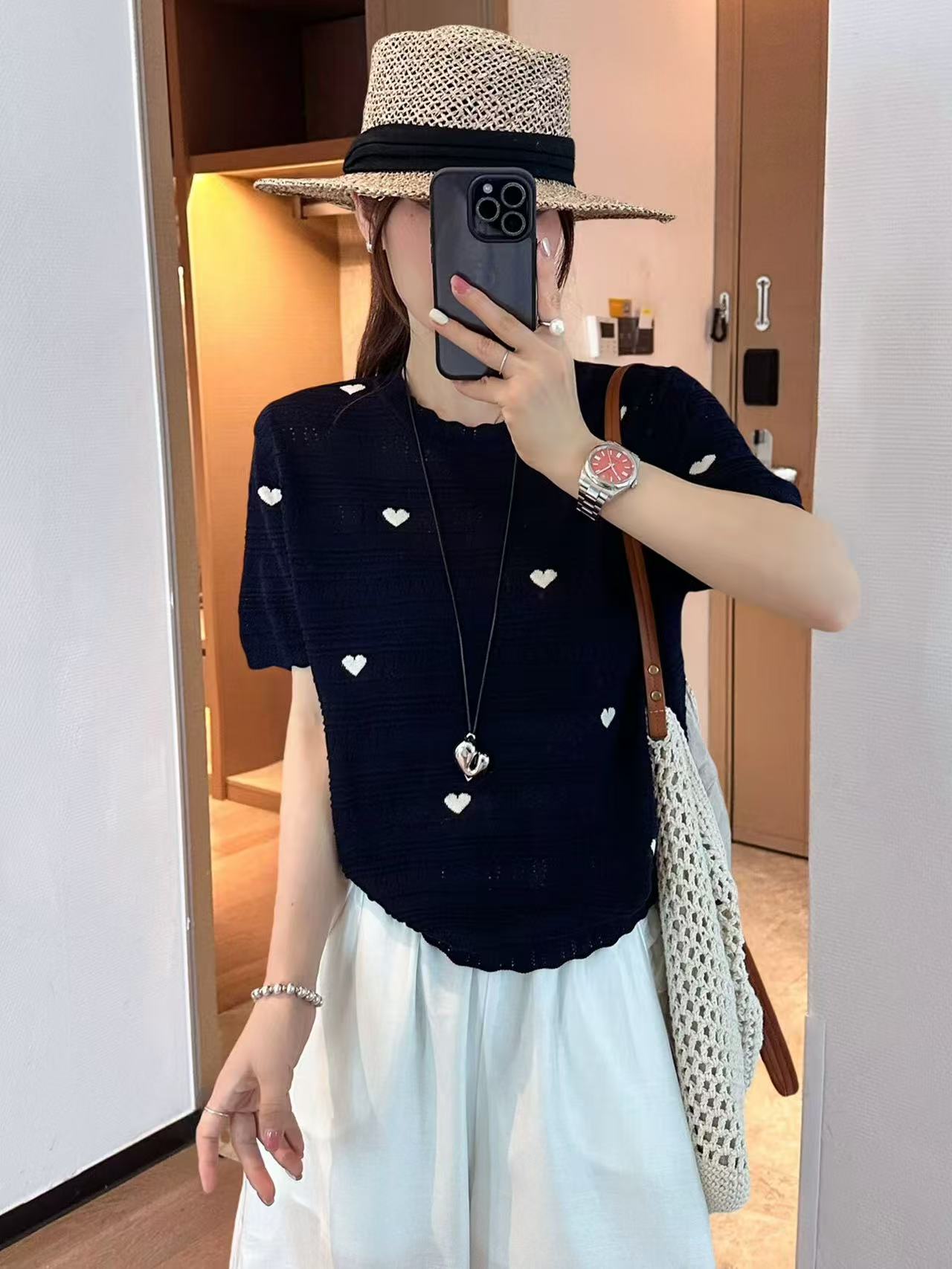 愛心刺繡冰蠶絲針織衫女歐洲站2026夏季新款歐貨女裝短袖娃娃衫潮