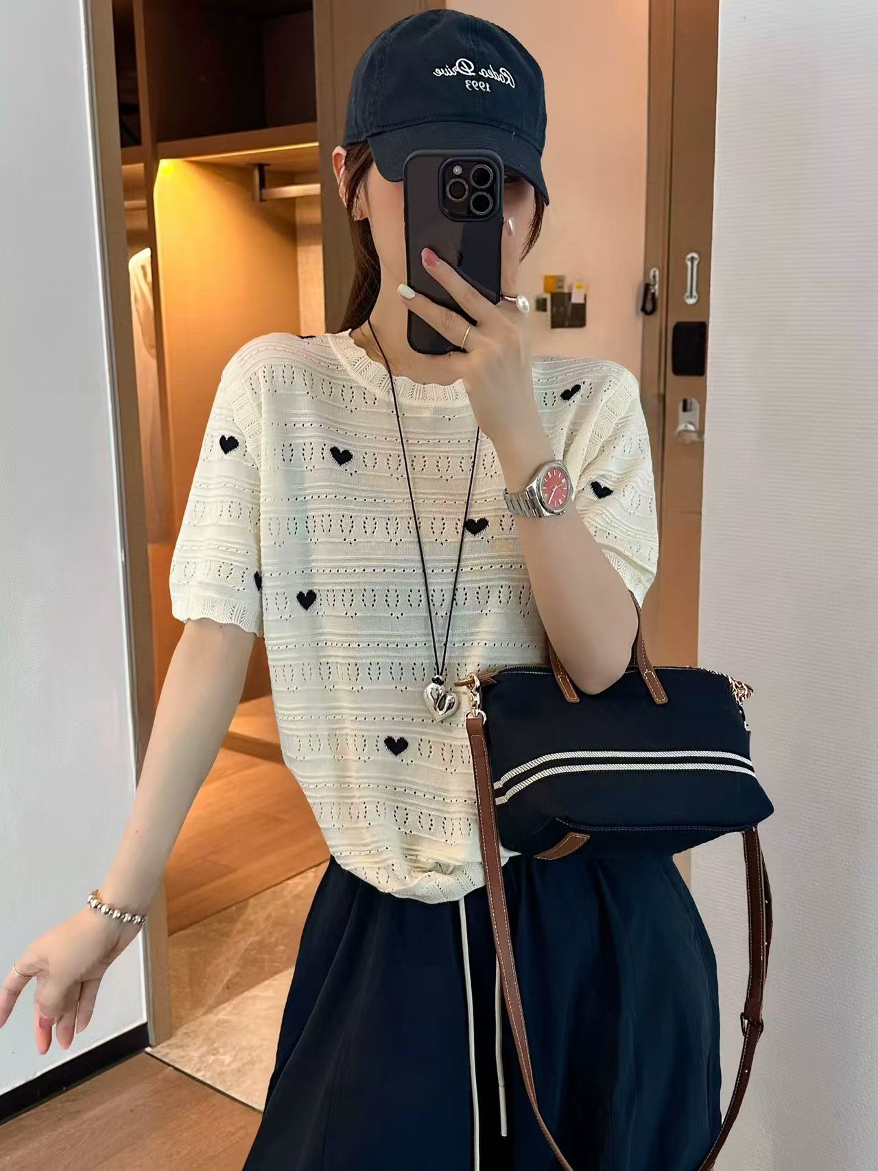 愛心刺繡冰蠶絲針織衫女歐洲站2026夏季新款歐貨女裝短袖娃娃衫潮