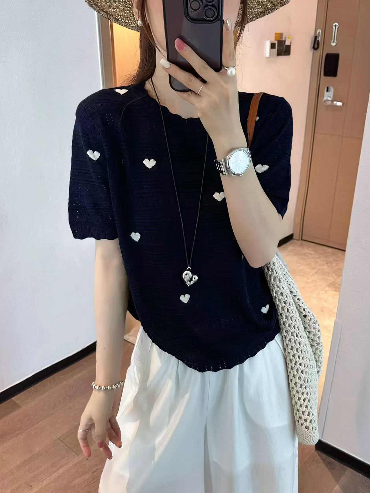 愛心刺繡冰蠶絲針織衫女歐洲站2026夏季新款歐貨女裝短袖娃娃衫潮