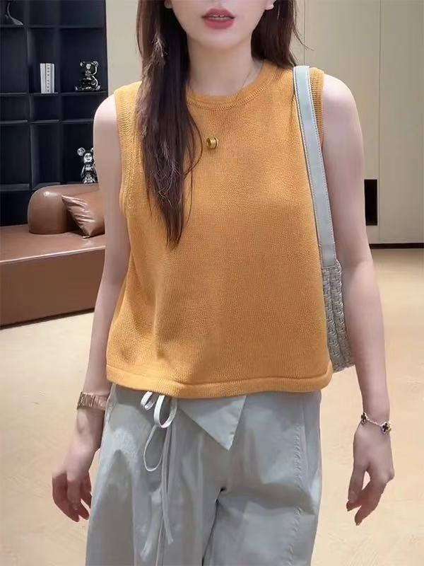 韓系松弛感圓領針織背心女夏季新款氣質顯瘦后背開叉純色無袖上衣